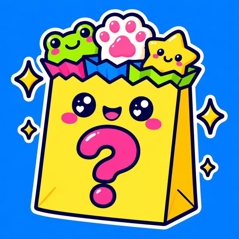 A smiling sticker of a mystery squish bag